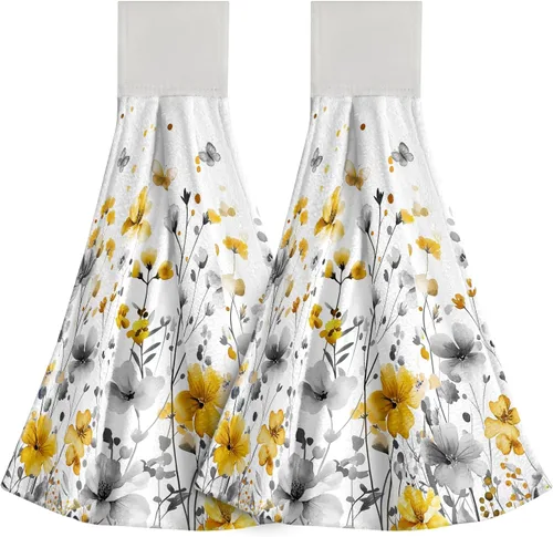Vista 33 de Poppy Flower Hanging Hand Towels Set of 2,17x12 Inch Watercolor Chinoiserie Yellow Black Floral Soft Absorbent Dish Cloth Tie Towel for Kitchen