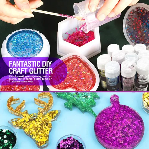 Vista 7 de HEMOER Purpurina Gruesa Holográfica, 12 Colores de Lentejuelas Brillantes, Conjunto de Purpurina de Poliéster Exclusivo Mixto para Resina Epoxi
