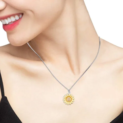 Vista 2 de Collar con colgante de girasol giratorio dorado para mujer, plata de ley S925 You Are My Sunshine Jewelry con circonita cúbica 5A