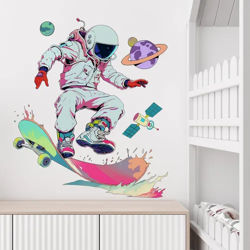 Vista 2 de Calcomanía de pared de astronauta de patinadora genial, calcomanía de pared para niños y niños, extraíble, despegar y pegar, arte de pared