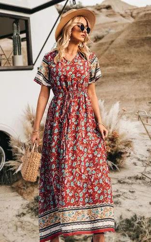 Vista 2 de PRETTYGARDEN - Vestido bohemio casual de verano para mujer, con estampado floral, cuello en V, manga corta, cintura alta, largo hasta el piso