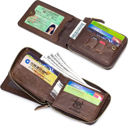 Vista 4 de BULLCAPTAIN Cartera de cuero con cremallera para hombre con cremallera y cierre RFID