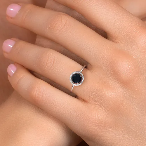 Vista 17 de Gem Stone King Anillo de compromiso de boda de oro blanco de 10 quilates con piedra natal y halo de diamantes Redondo de 0.236 in Anillo de oro