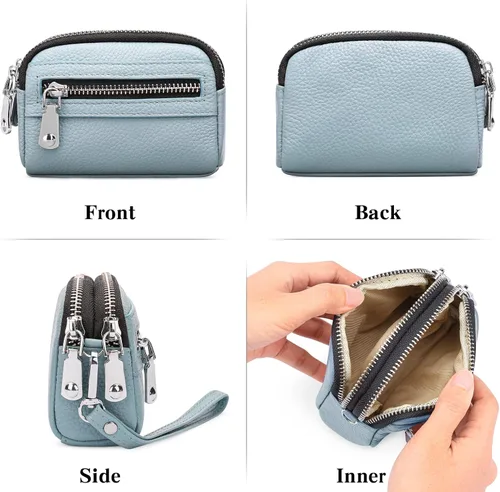 Vista 8 de SENDEFN Monedero para mujer de cuero con doble cremallera alrededor de bolsa pequeña, Azul