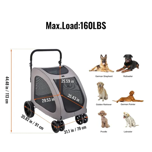 Vista 7 de VEVOR Cochecito para Mascotas, Transportador de Perros de 4 Ruedas con Frenos, Capacidad de Peso de 160 libras, Cochecitos de Viaje Portátiles