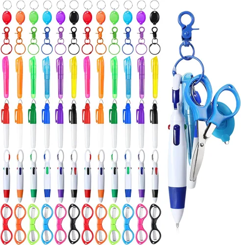 Vista 8 de Glenmal Juego de 72 mini rotuladores para enfermeras con mini tijeras, resaltador, bolígrafo de neón retráctil, llavero, clip, linterna, llavero