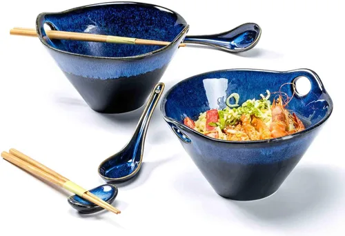 Vista 11 de Henten Home Juego de 2 cuencos de ramen de 20 onzas, cuencos de cerámica japoneses para fideos, cuencos profundos de porcelana con palillos