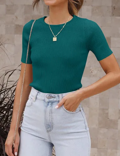 Vista 8 de ZESICA Camiseta de manga corta con cuello redondo y punto acanalado para mujer, ajustada, camiseta básica de verano 2023 de color sólido