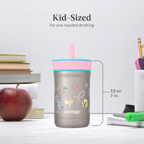 Vista 5 de Contigo Leighton - Vaso con pajita para niños con tapa a prueba de derrames, 12 onzas, Frambuesa/Azalea