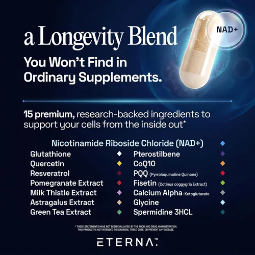 Vista 2 de Eternity NAD+ - Suplemento de resveratrol para hombres y mujeres, 1050 mg con 15 ingredientes avanzados para apoyo inmunológico, energía