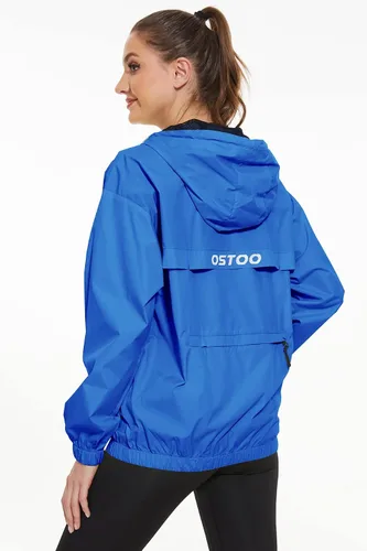 Vista 6 de OSTOO Chaqueta impermeable ligera para mujer, para correr, ciclismo, con capucha, para senderismo, rompevientos