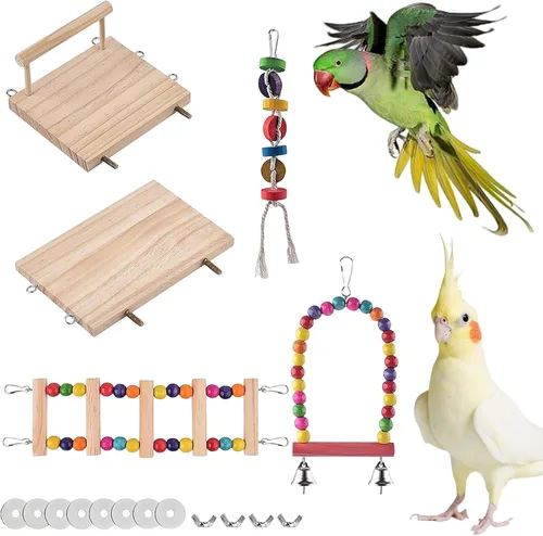 Vista 8 de Juego de juguetes de loros para pájaros, 8 unidades, madera natural, hamaca de perca con campana, accesorios de jaula para pájaros para periquitos