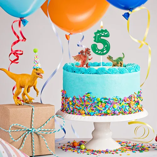 Vista 5 de Velas con números de cumpleaños, velas de dinosaurio de 2.8 pulgadas, velas de cumpleaños para tartas, velas de dinosaurio, decoración de fiestas