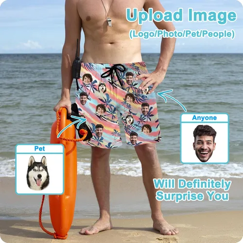 Vista 2 de Traje de baño personalizado para hombre, pantalones cortos de playa divertidos personalizados con caras en ellos, regalos de cumpleaños