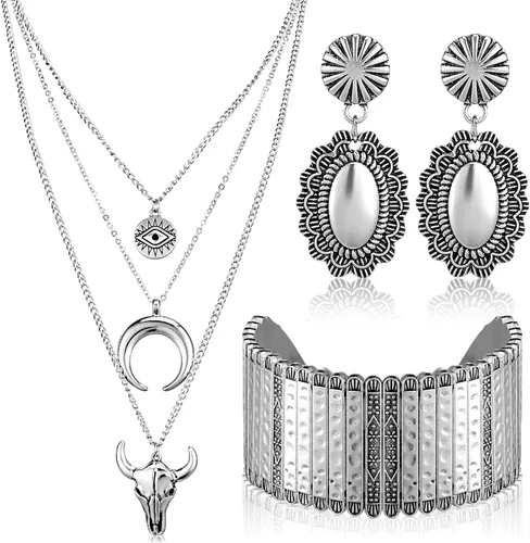 Vista 25 de 3 piezas de joyería boho occidental para mujer, conjunto de joyas de turquesa, aretes vintage, pulsera, collar bohemio occidental para mujer Negro