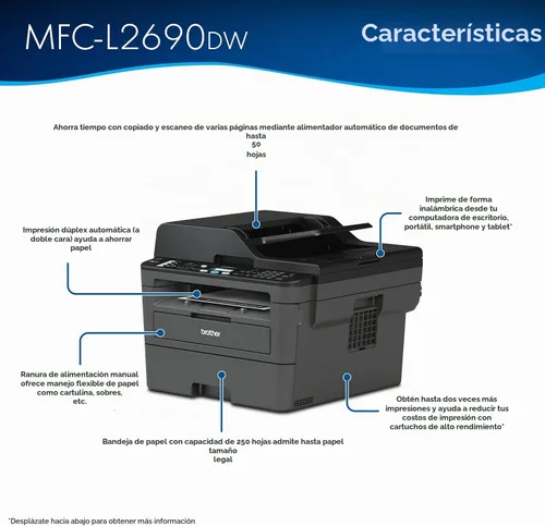Vista 3 de Brother MFC-L2690DW Impresora láser monocromática todo en uno, impresión de escaneo de fax, impresión automática de 2 caras, conectividad