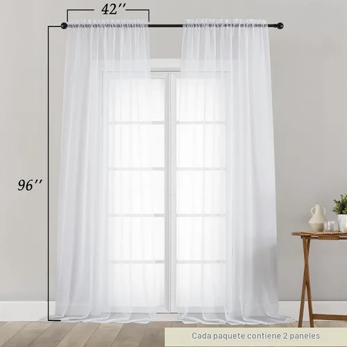 Vista 2 de 2 paneles de cortinas traslúcidas blancas para dormitorio, sala de estar, 96 pulgadas de largo, modernas, suaves, ligeras, con bolsillo para barra
