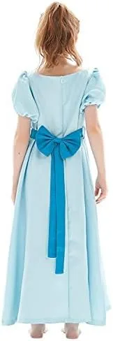 Vista 3 de Vestido azul para niños, disfraz de cosplay para niñas, vestido de princesa, vestido de verano, falda azul, cinturón, lazo, traje de Halloween