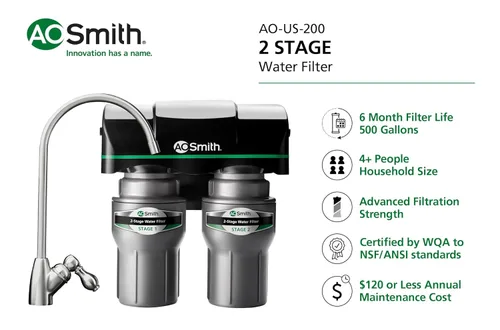 Vista 2 de AO Smith Filtro de grifo de agua limpia para debajo del fregadero de 2 etapas - Sistema de filtración de agua potable con bloque de carbono