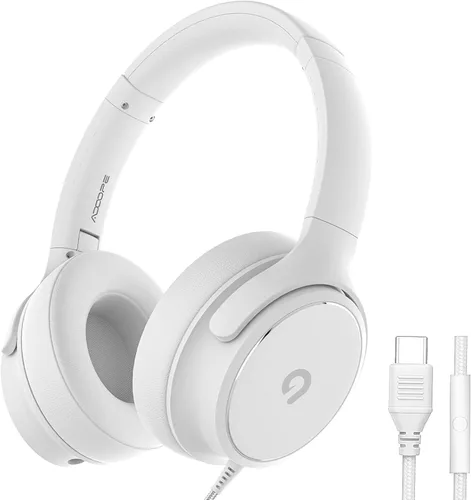 Vista 10 de ADOOPE Auriculares con cable USB C de diadema con micrófono, sonido estéreo de alta fidelidad, almohadillas aislantes de ruido, ajuste cómodo