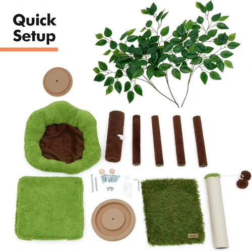 Vista 9 de Woochpet Árbol pequeño para gatos con poste rascador y pista de bolas, torre verde para gatos con hojas realistas para gatitos y gatos pequeños
