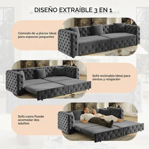 Vista 3 de Polibi Sofá cama extraíble extragrande de 89 pulgadas, sofá cama multifuncional 3 en 1 de 4 plazas con 3 almohadas, sofá clásico copetudo de Gris