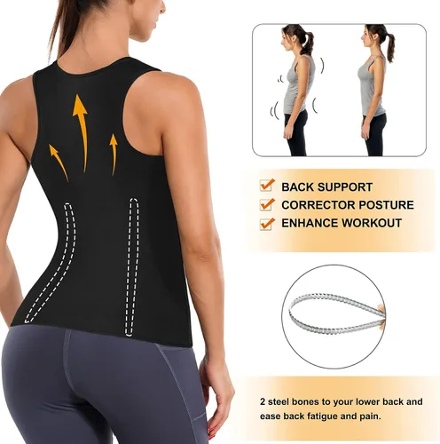 Vista 4 de LANCS Traje de sauna para mujer, entrenador de cintura para sudar, chaleco con cremallera, moldeador de cuerpo, corsé adelgazante, camiseta sin Negro