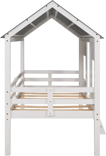 Vista 7 de Harper & Bright Designs Cama tipo loft de casa tamaño individual, marco de cama baja de madera maciza con techo y ventanas, escalera para niños