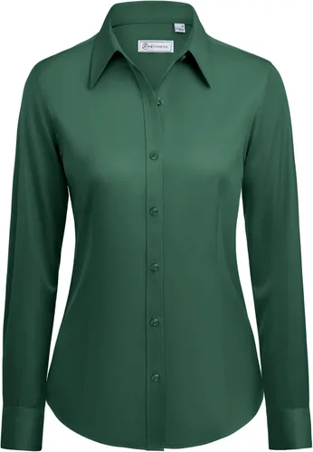 Vista 12 de siliteelon Camisas con botones para mujer: camisa de vestir de manga larga sin arrugas, ajuste clásico, con cuello, color sólido, formal