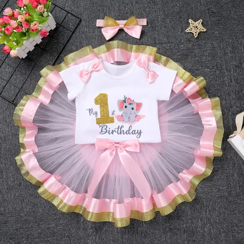 Vista 4 de IBAKOM Atuendos de cumpleaños para niñas, diadema, camiseta, falda tutú, suministros de decoración, sesión de fotos para fiesta, decoración sorpresa