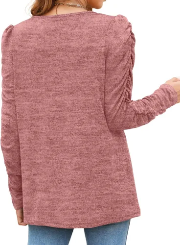 Vista 4 de OFEEFAN Camisetas de manga larga para mujer, túnicas ligeras, manga abombada, cuello redondo, ropa de otoño de moda 2023