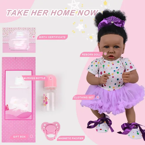 Vista 4 de kgniess - Muñecas de bebé recién nacidas realistas, niña negra, muñeca realista de silicona de 22 pulgadas, muñeca recién nacida afroamericana