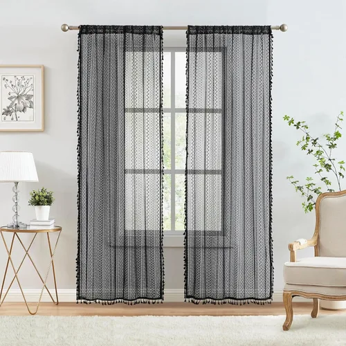 Vista 12 de Cortinas de encaje transparente con borlas de lino bohemio beige, elegante geometría de ganchillo, bolsillo para barra, cortinas de ventana