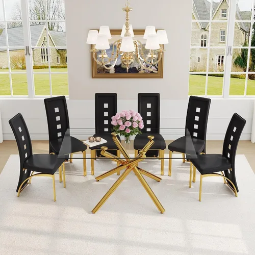 Vista 51 de Juego de mesa de comedor moderna para mesa de comedor negra de 4,63 pulgadas, juego de 4 con patas de metal dorado, mesa de cocina rectangular