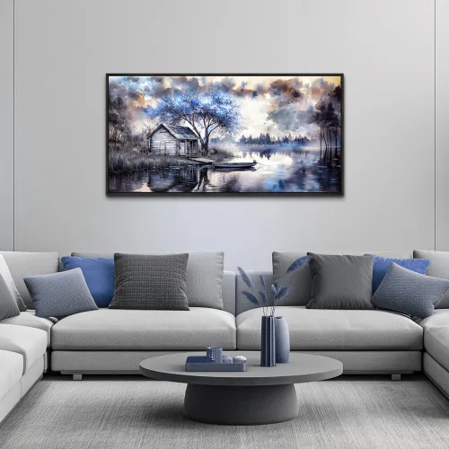 Vista 4 de ERQINHUA Arte de pared para sala de estar, lienzo decorativo de pared para dormitorio, oficina, decoración con árbol azul, paisaje junto al lago