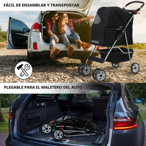 Vista 7 de Cochecito de perro de 4 ruedas, cochecito para mascotas, gatos, plegable, impermeable, con soporte para tazas y forro extraíble, cochecitos