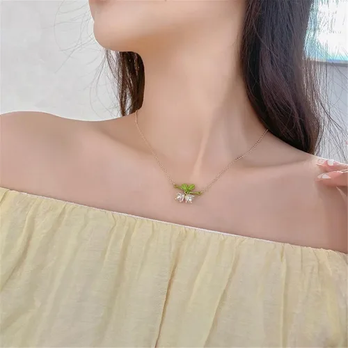 Vista 7 de Caiyao Lily of The Valley - Juego de collar de hojas de rosa y aretes colgantes para mujeres, mamá, amiga, madre, vintage, cadena de borla, collar