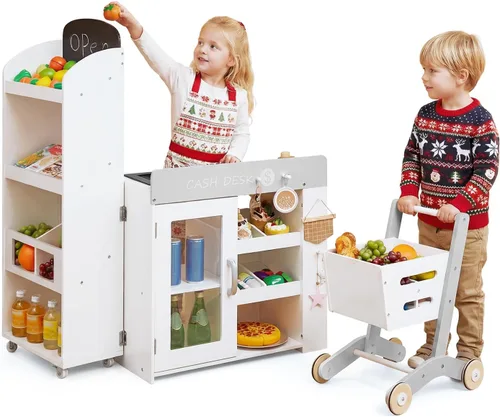 Vista 17 de Costzon Juego de simulación para tienda de comestibles, tienda de juegos de madera, juego de supermercado para niños pequeños con caja registradora