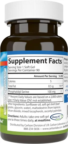 Vista 2 de Carlson - Fosfatidilserina, 100 mg, sin OMG, función cerebral, 90 cápsulas blandas