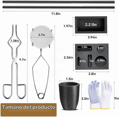 Vista 3 de Luxiys Kit de fundición de soplete de grafito de 9 piezas, incluye molde de lingote de fundición de grafito, taza de cuarzo, 2 palitos agitadores