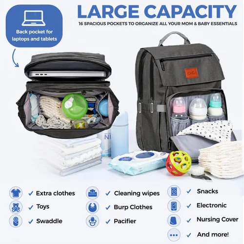 Vista 3 de PILLANI - Mochila grande para llevar pañales de bebé, para viajar, cambiador incluido, producto esencial para recién nacidos, artículos para mamá