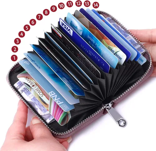 Vista 2 de GEEAD Tarjetero de cuero genuino RFID para mujeres y hombres con cremallera para tarjetas pequeñas carteras, Púrpura, Minimalista