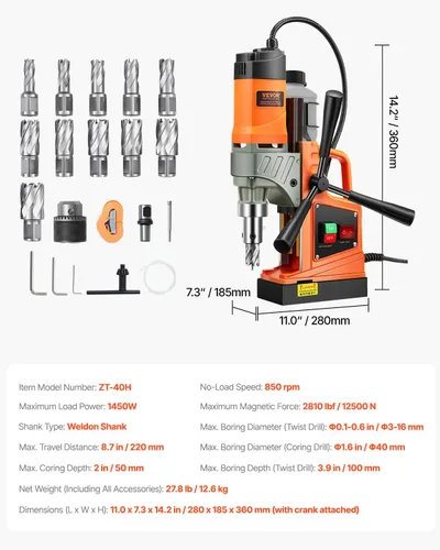Vista 7 de VEVOR Taladradora Magnética de Prensa, 1300W Diámetro de Taladro de 3.99 cm, Taladradora Magnética Portátil de 2922 lbf de Potencia, 810 RPM, 11