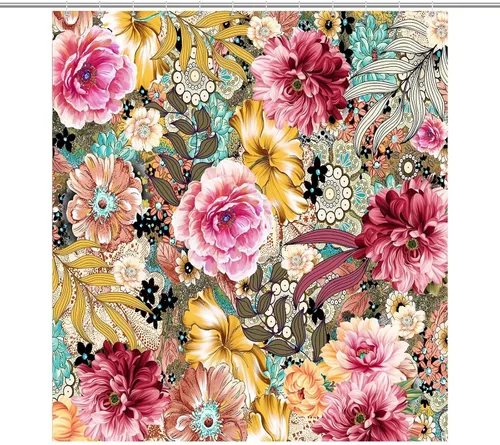 Vista 32 de Cortina de ducha con 12 ganchos para baño, 72 x 72 pulgadas, diseño floral bohemio con hojas tropicales retro y florales (bohemio floral-1)