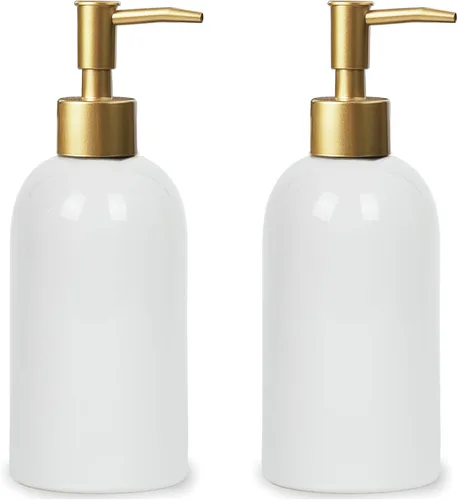 Vista 8 de Paquete de 2 dispensadores de jabón de cerámica verde con bomba dorada, botella dispensadora de loción cilíndrica de diseño moderno, dispensador
