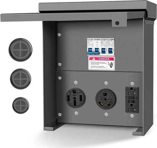 Vista 8 de Caja de toma de corriente de 30 amperios para RV con interruptor, NEMA TT-30R, resistente a la intemperie, eléctrica para exteriores, 125 voltios