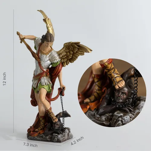 Vista 2 de BC - Estatua de San Miguel católico, figura de arcángel de 12 pulgadas de alto, protector de los fieles, decoración católica del hogar, escultura
