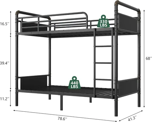 Vista 2 de Jocoevol Litera Doble sobre Doble, literas de metal resistente con escalera y barandilla de longitud completa, convertible en 2 camas individuales