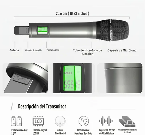 Vista 6 de Sistema de micrófono inalámbrico UHF de doble canal con escaneo automático y sincronización IR - 200 canales, rango de 400 pies, micrófonos