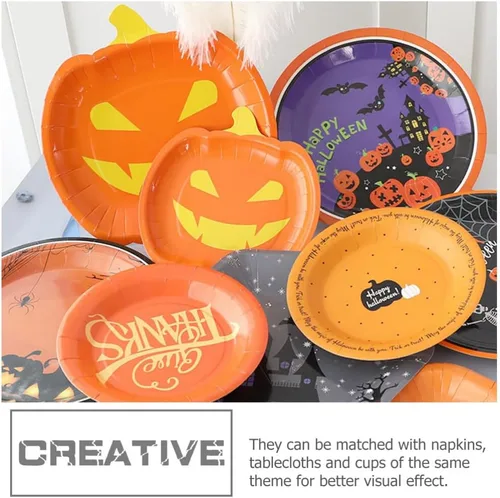 Vista 7 de Healifty 20 platos de calabaza de Halloween desechables para fiestas de otoño, lindos platos de diseño divertido para celebraciones de Halloween